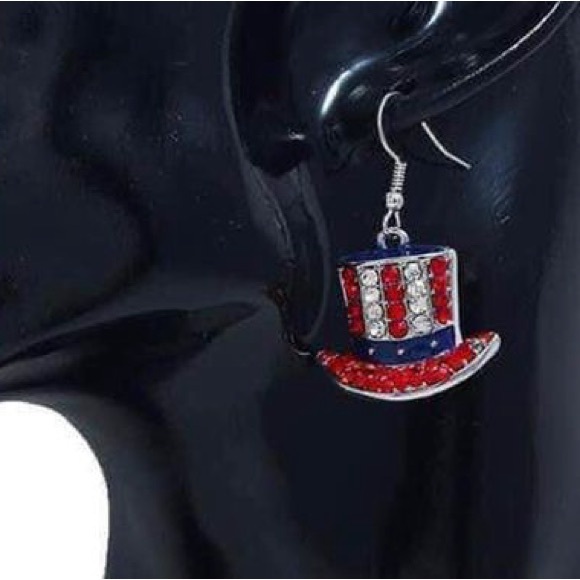New Beautiful Patriotic Uncle Sams Rhinestone Hat Dangle Earrings - Picture 4 of 4